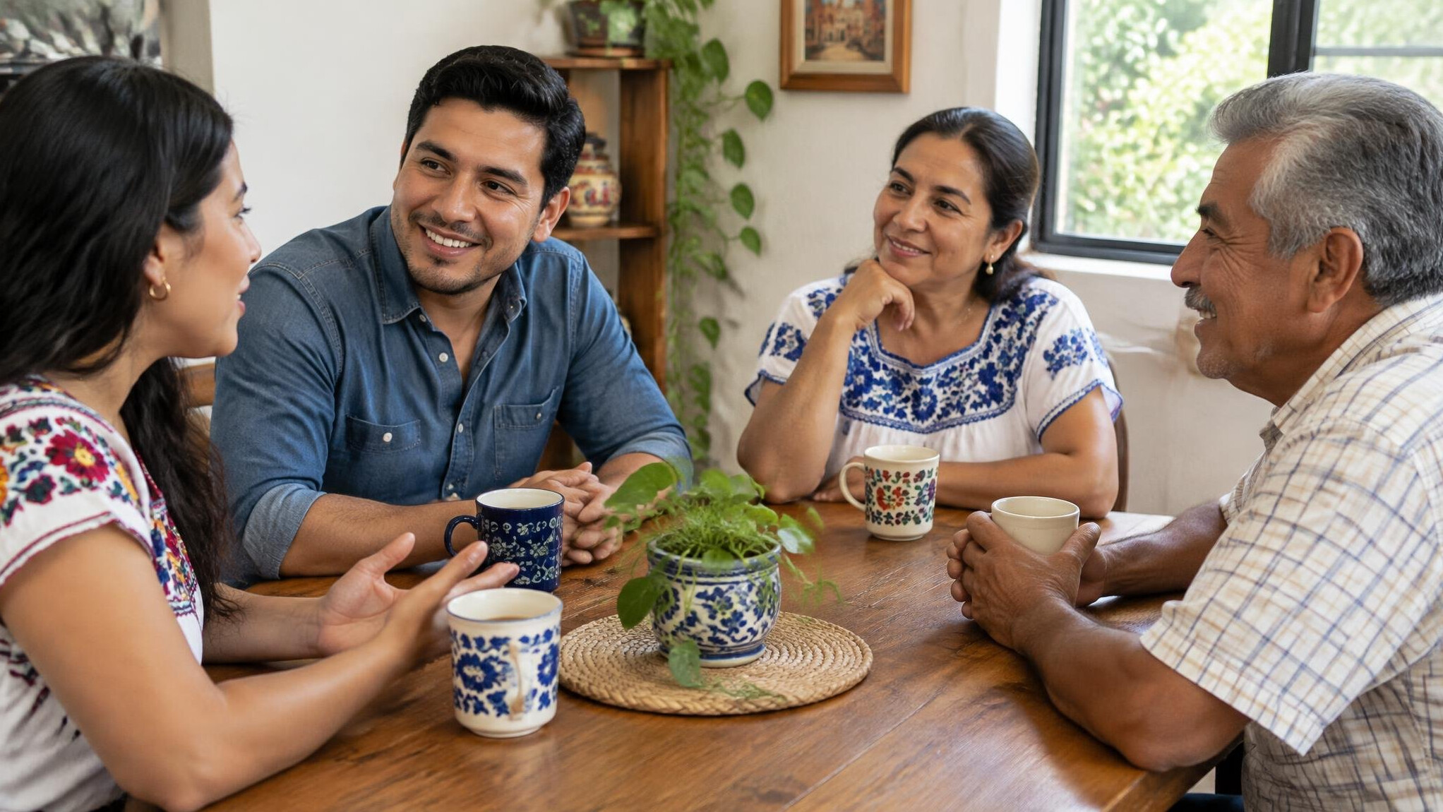 Group of Mexican people having a conversation around a table