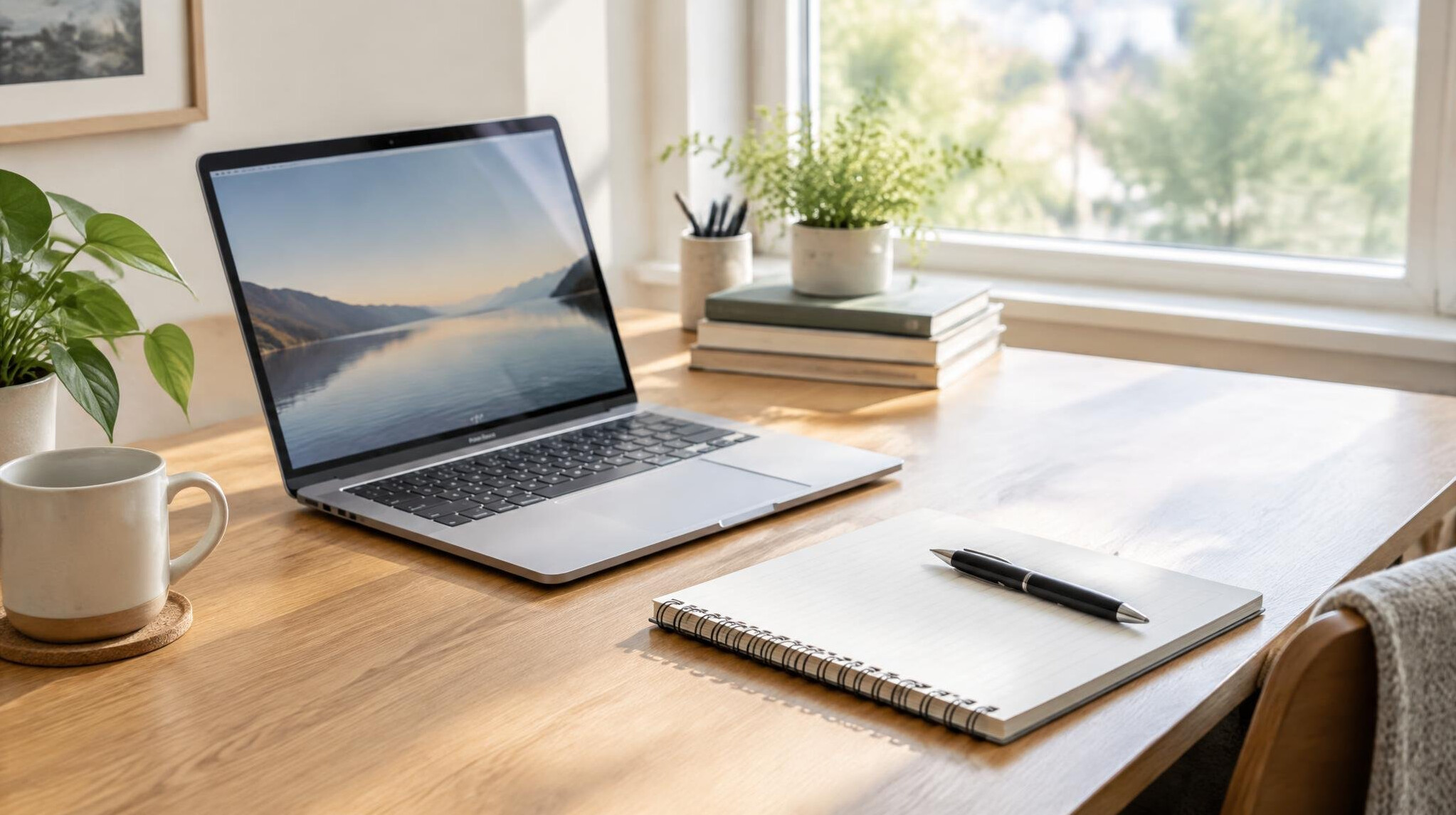 Open laptop and notebook on a bright desk ready for writing