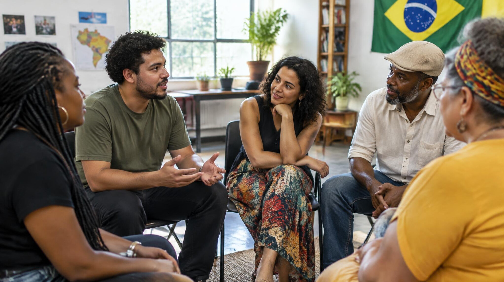 Group of diverse people having a supportive conversation in a workshop